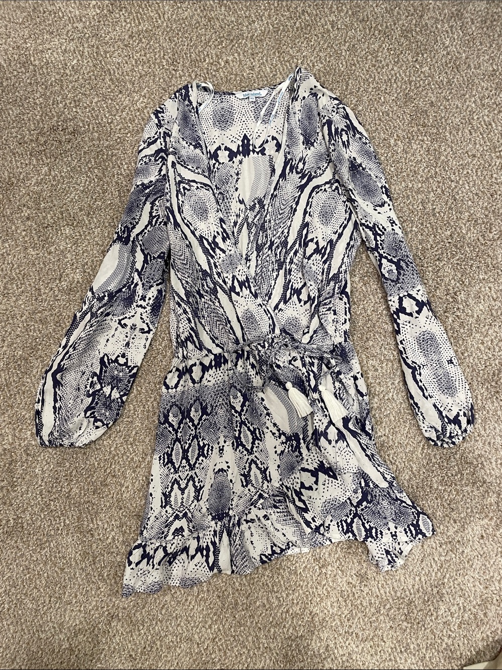 Blue island Navy and White Long-Sleeve Snake-Print Wrap Dress